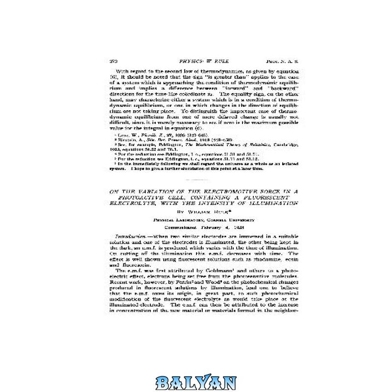 دانلود کتاب On the Variation of the Electromotive Force in a Photoactive Cell, Containing a Fluorescent Electrolyte, with the Intensity of Illumination